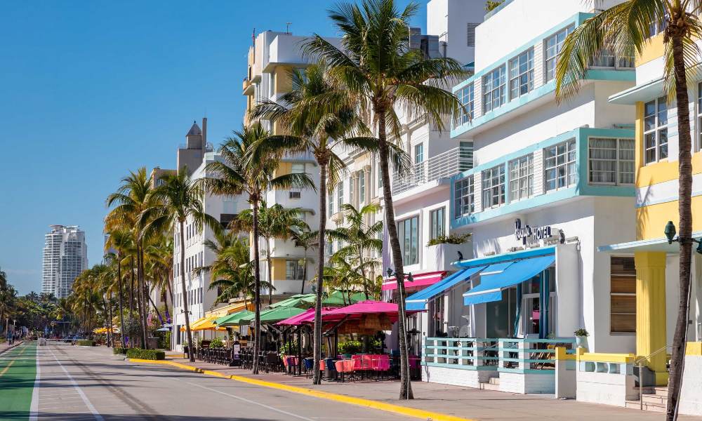 Pastel Art Deco hotel facades along Ocean Drive in Miami Beach
