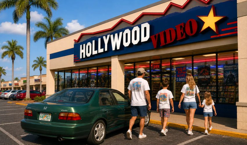 Family entering Hollywood Video rental store parking lot 1990s nostalgia