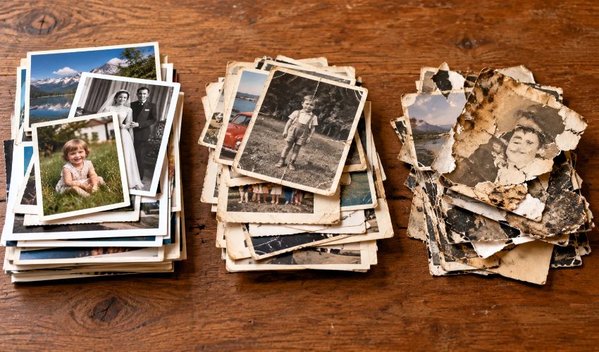 Three stacks of vintage family photographs showing varying degrees of photo deterioration