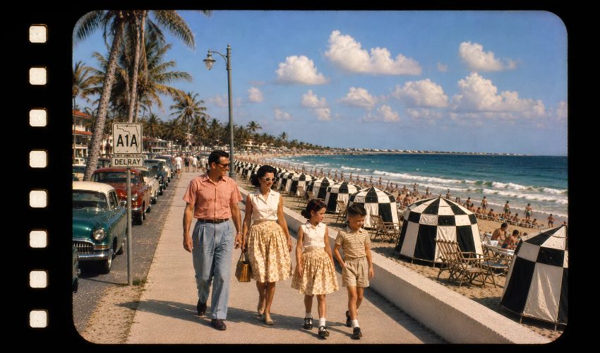 Vintage family walking Florida beachfront boardwalk on 8mm film