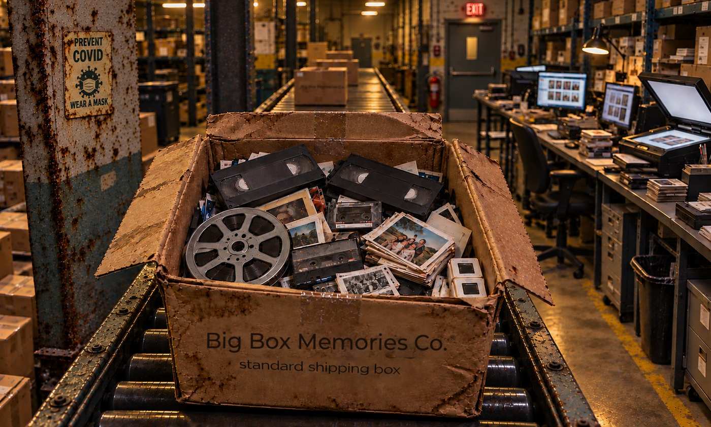 A family’s tapes, reels and slides on a sorting-facility conveyor belt