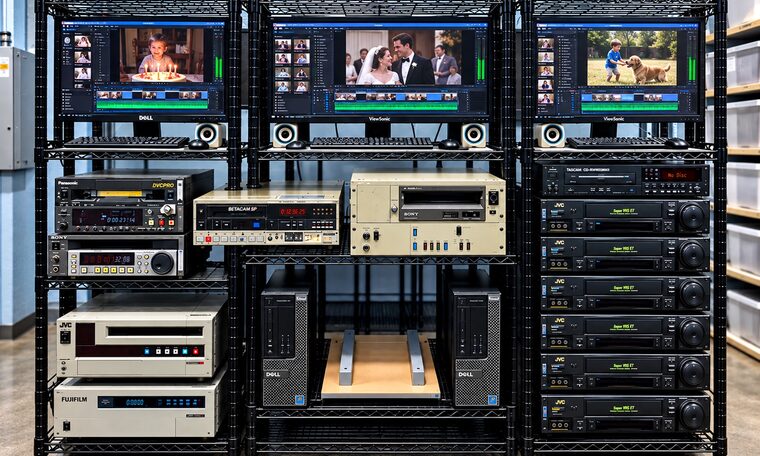 A rack of professional tape decks with home movies playing on the monitors