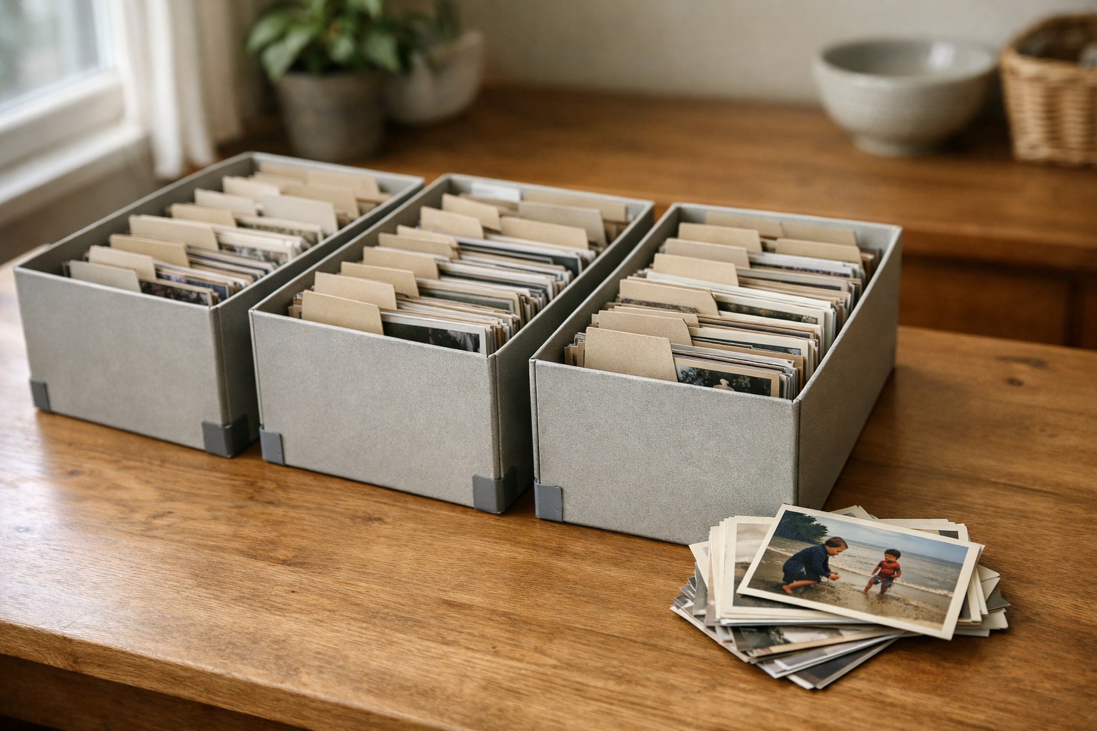 Completed photo collection in archival storage boxes with labeled dividers after digitization preparation