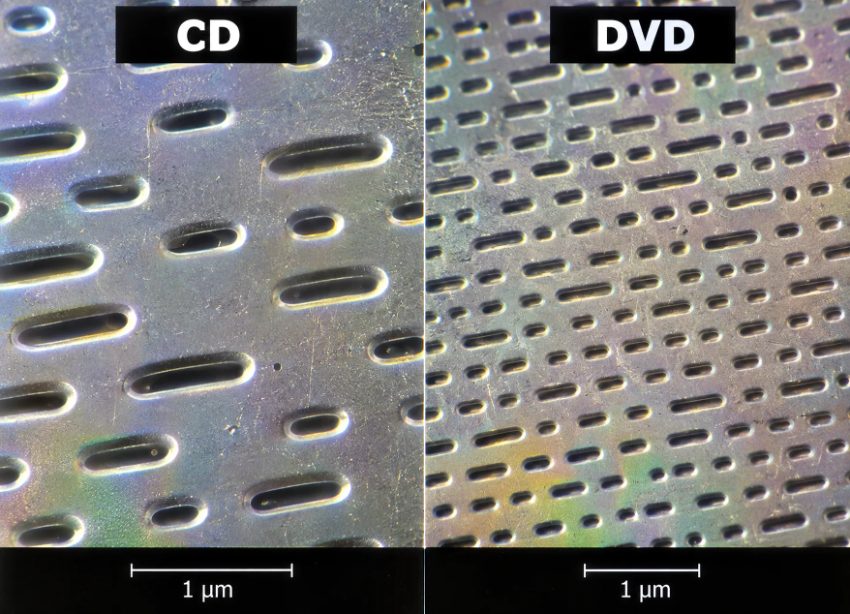 Microscopic comparison of CD and DVD data pit patterns at one micrometer scale