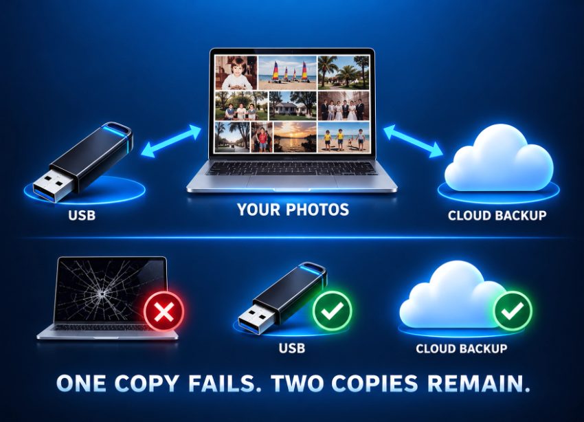 Data backup strategy diagram showing USB drive and cloud storage options
