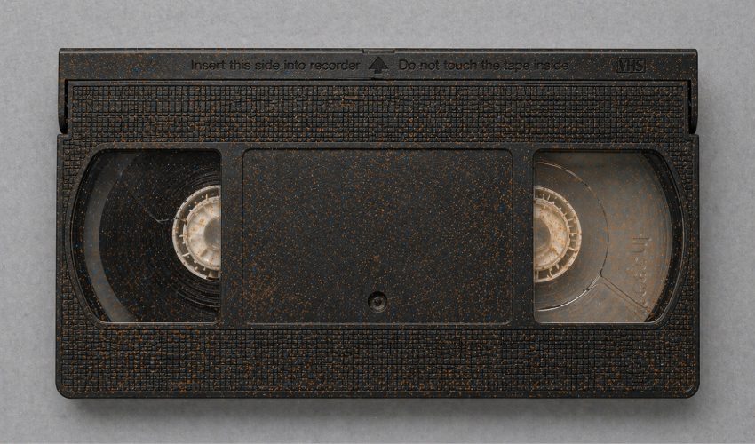 A VHS cassette viewed from the front, showing the clear tape window and the magnetic ribbon behind it, where oxide shedding typically becomes visible as reddish-brown dust or a lightened, uneven surface