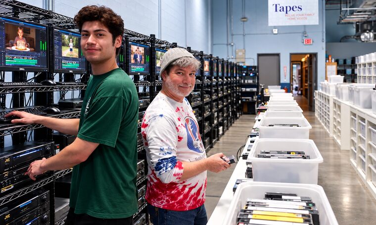 Two Forever Studios staff at the capture wall with customer bins running the length of the room