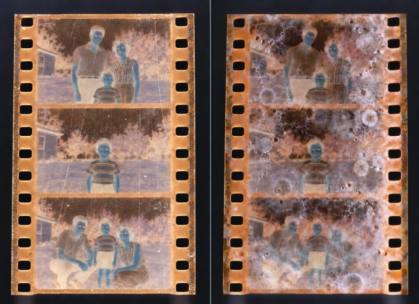Damaged and faded film negative strips showing deterioration and discoloration