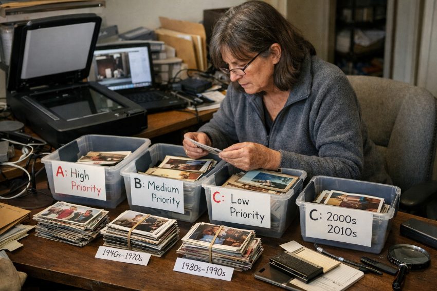 Three sorted photo piles labeled A B C priority with decade markers showing triage before scanning