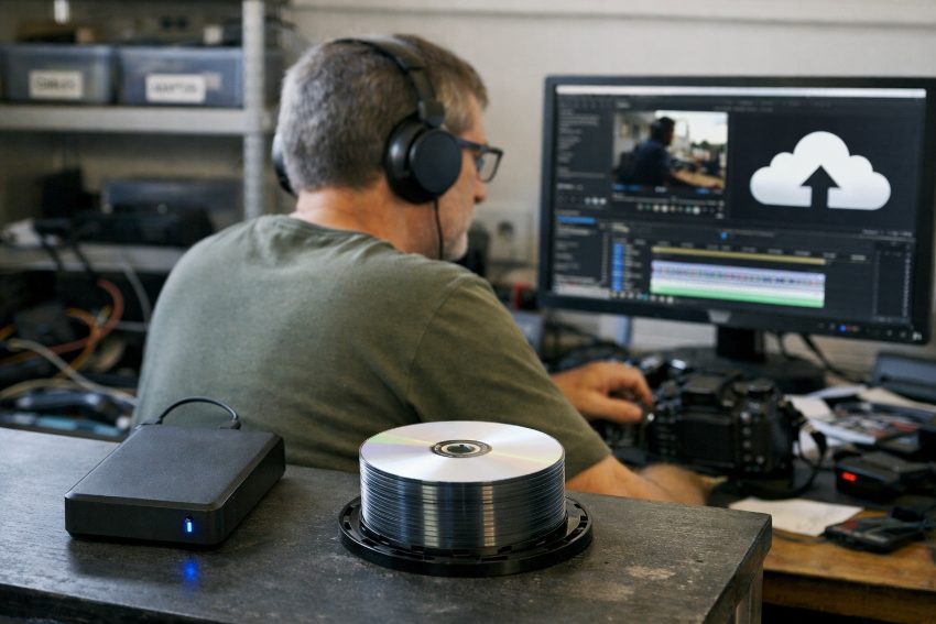 three-layer backup system with external hard drive optical disc and cloud storage icon