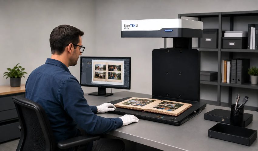 Professional photo scanning equipment digitizing vintage photo album in modern studio