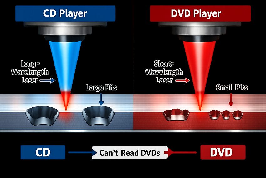 Diagram comparing CD pit size versus DVD pit size under laser focus