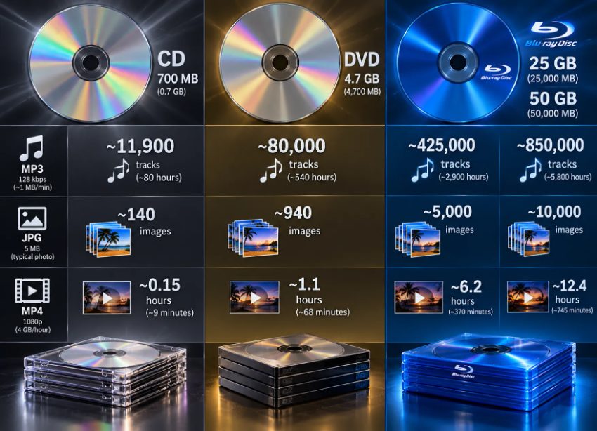 Storage capacity comparison chart showing CD, DVD, and Blu-ray disc specifications
