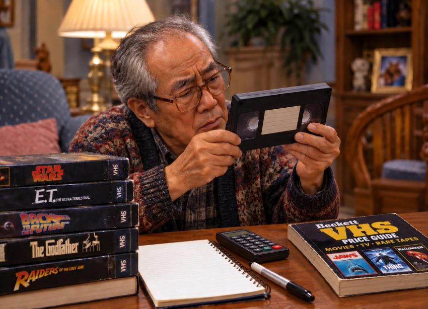 Senior man examining VHS tape while sitting at home with collection