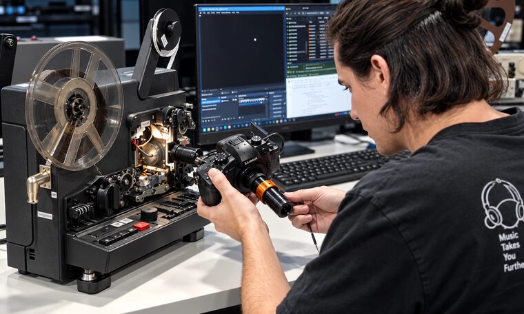 A Forever Studios technician adjusting the camera on the film scanner