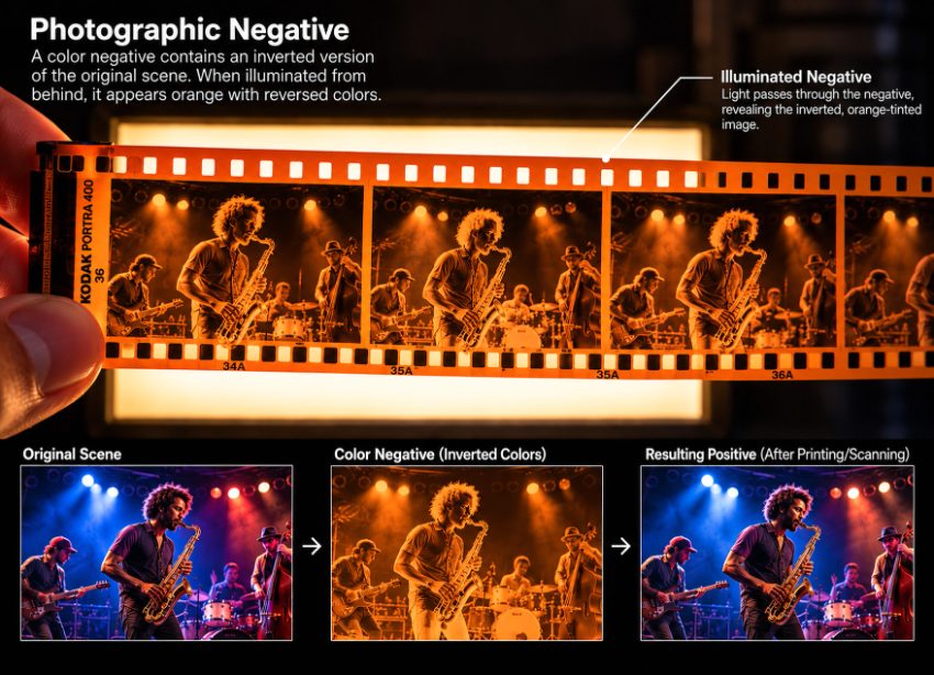Film negative strip showing inverted orange tones with musicians performing on stage