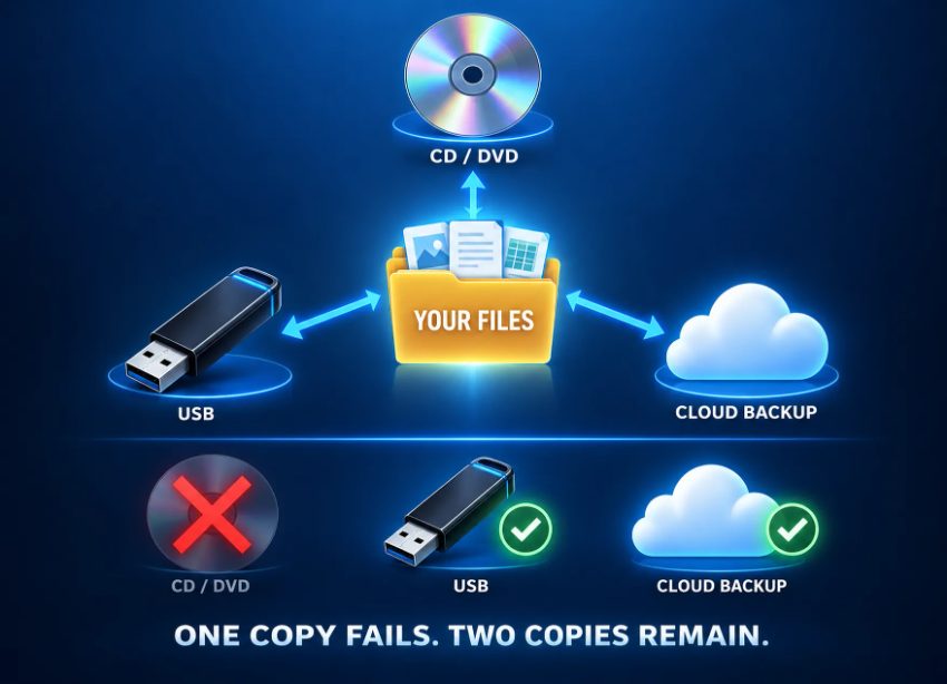Digital backup strategy diagram showing USB and cloud storage options