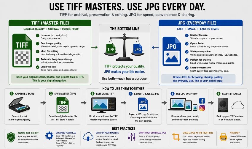 TIFF versus JPG file format comparison infographic for digital preservation