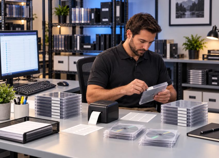 Man organizing DVD and CD disc storage cases at modern office desk