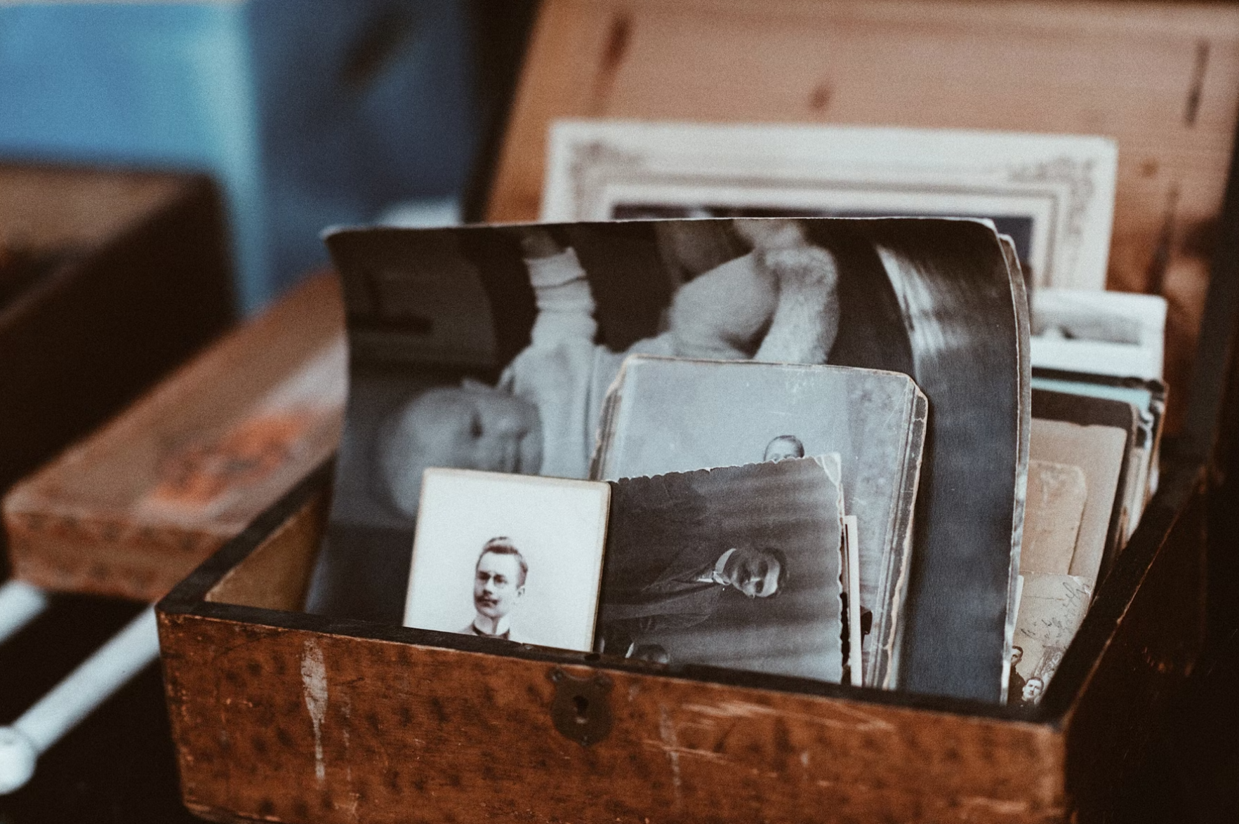 box of old black and white photos
