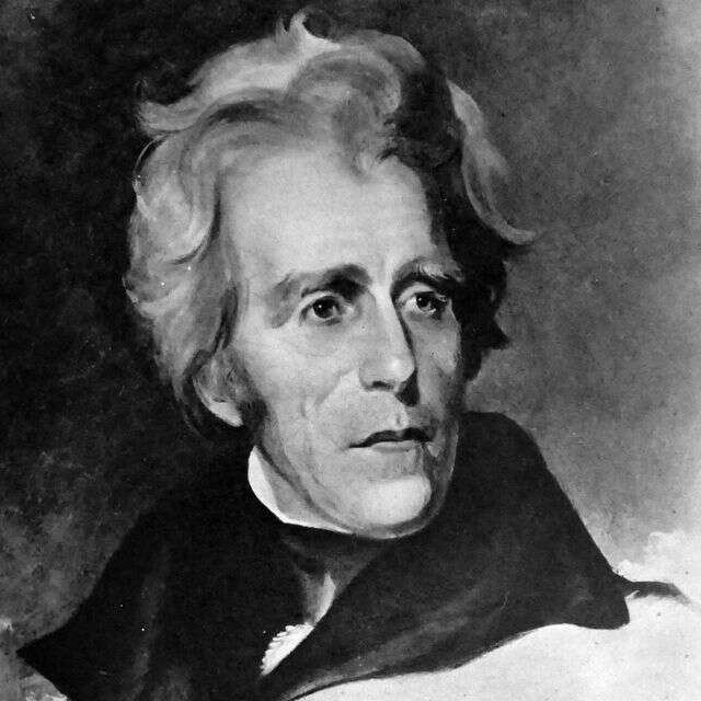 An old black and white portrait of american president Andrew Jackson from the neck up, showing his facial profile. It shows a significant amount of age and wear.