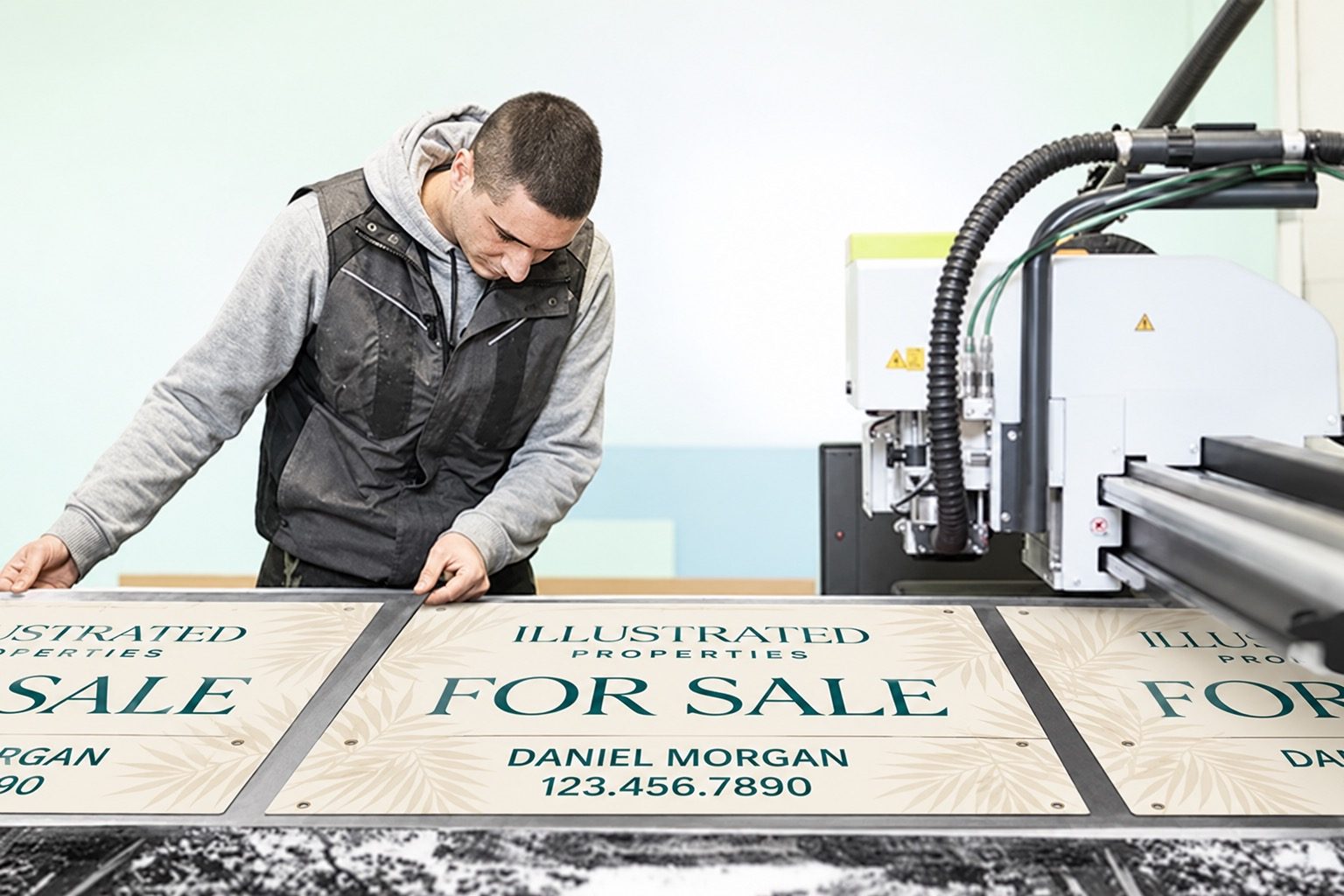Photo placeholder: Grant at the desk with Illustrated Properties sign samples