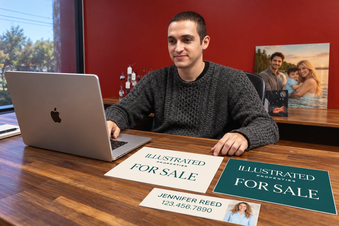 Photo placeholder: Grant at the desk with Illustrated Properties sign samples