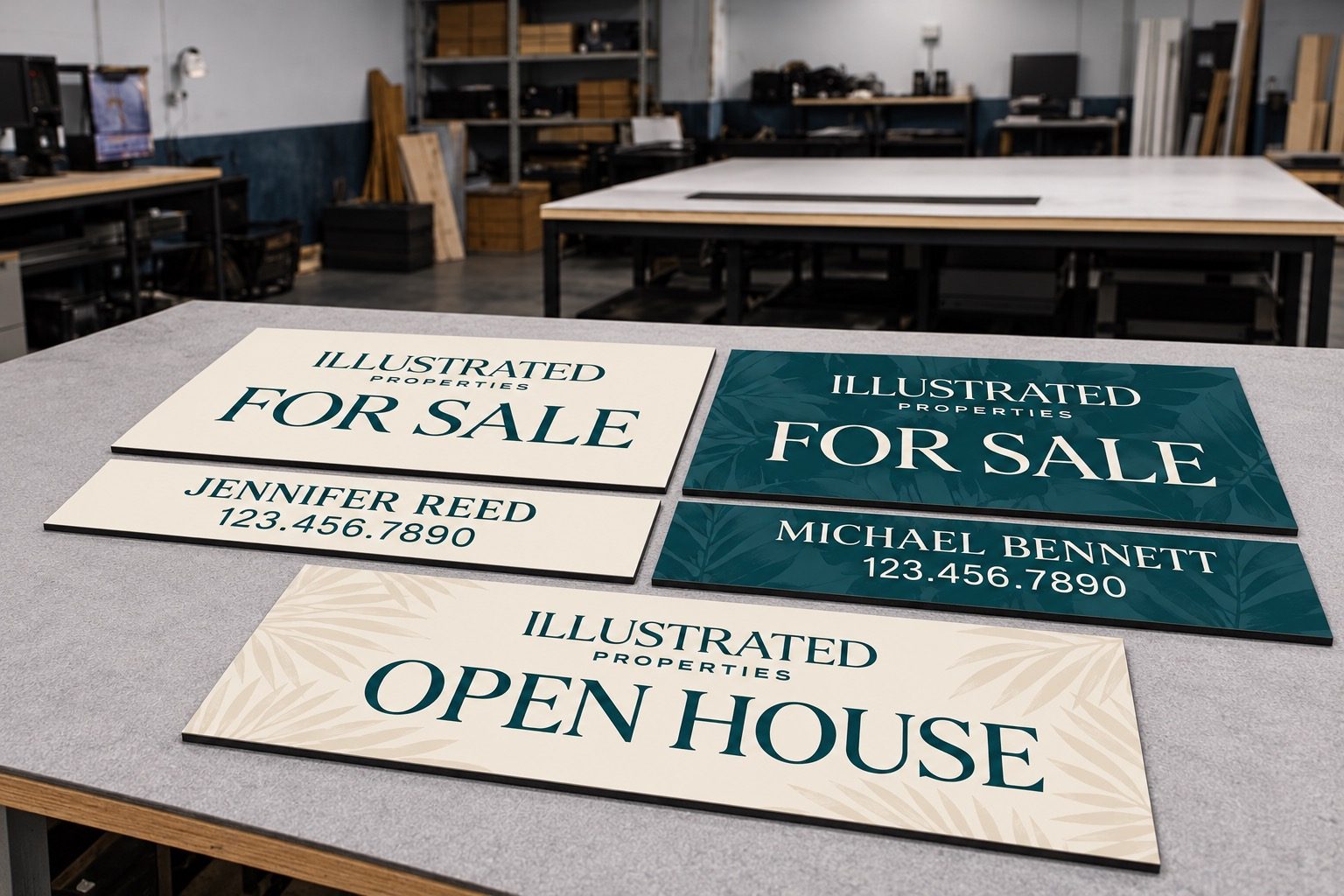 Photo placeholder: Finished signs on the cutting table