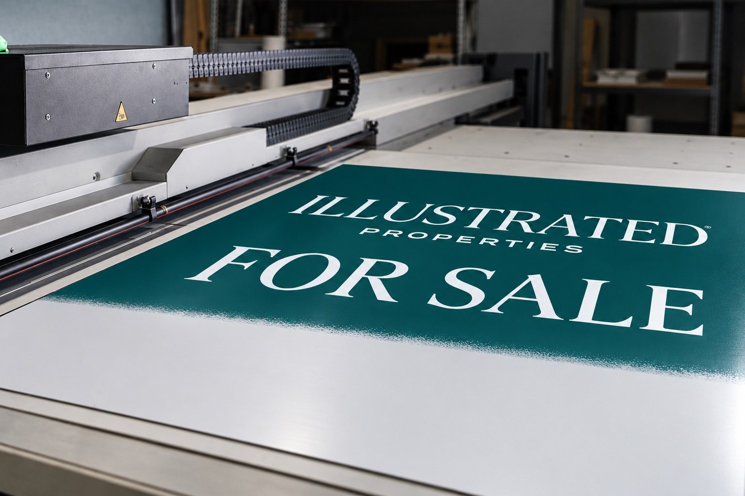 Photo placeholder: Flatbed press printing an Illustrated Properties sign
