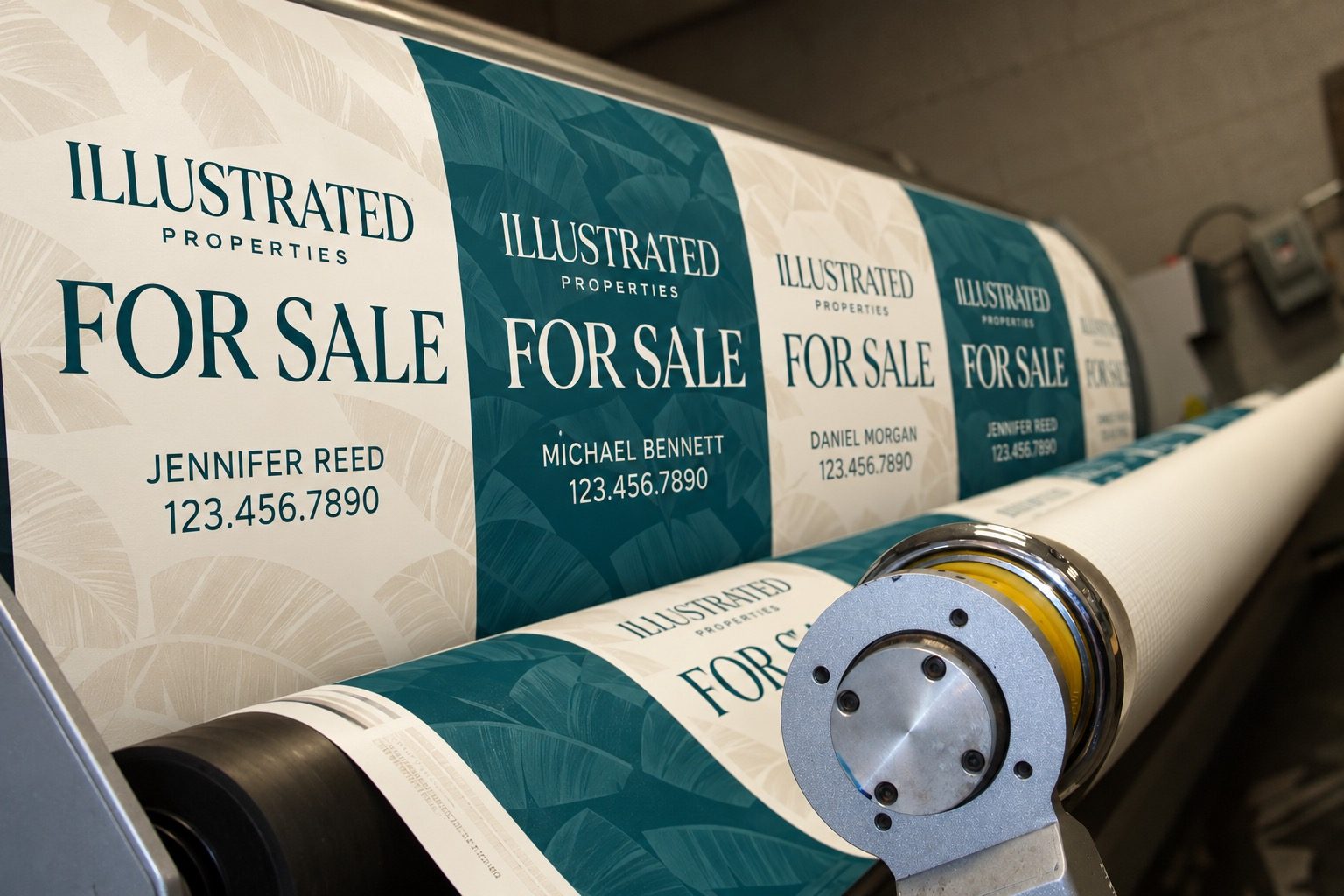 Photo placeholder: Roll of signs coming off the press